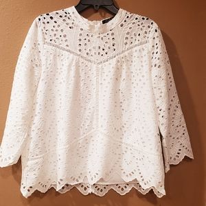 White eyelet scalloped linen top